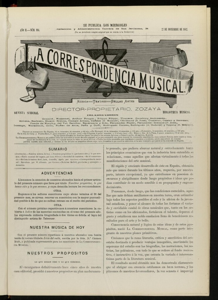 Miniatura de La Correspondencia musical : música, teatros, bellas artes, de 27 de diciembre de 1882, nº 104