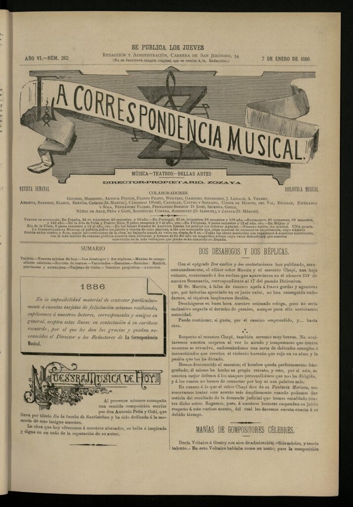 Miniatura de La Correspondencia Musical del 7 de enero de 1886, nº 262