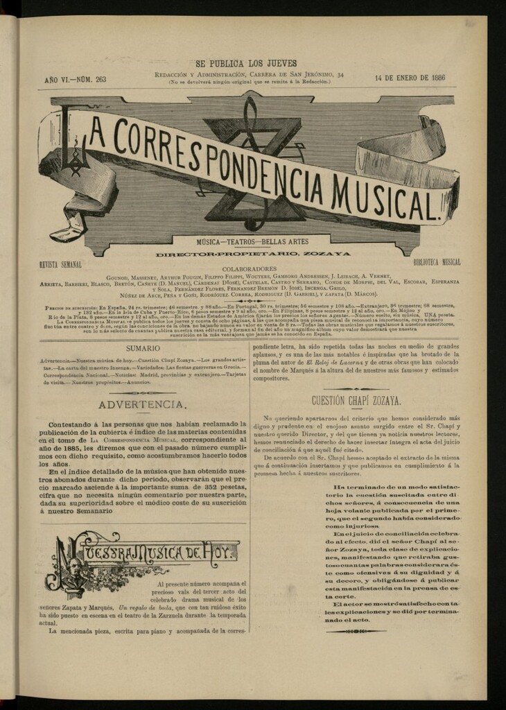 Miniatura de La Correspondencia Musical del 14 de enero de 1886, nº 263