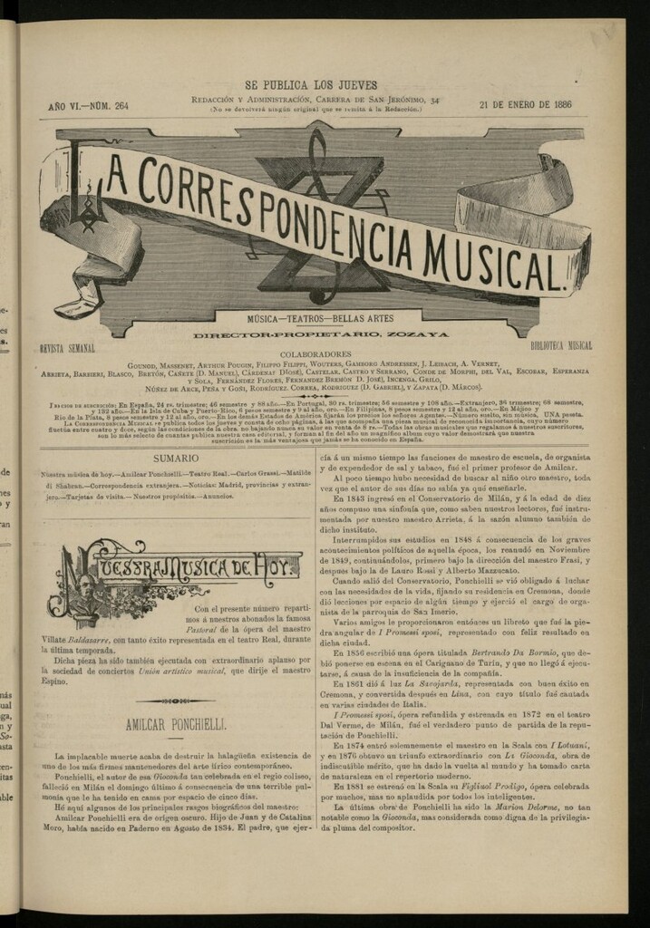 Miniatura de La Correspondencia Musical del 21 de enero de 1886, nº 264
