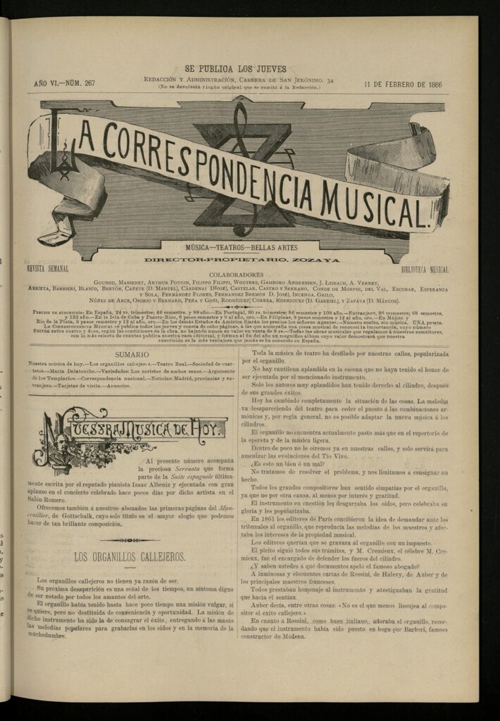Miniatura de La Correspondencia Musical del 11 de febrero de 1886, nº 267