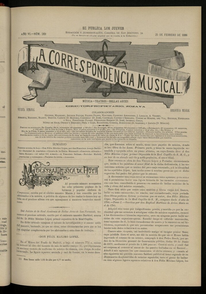 Miniatura de La Correspondencia Musical del 25 de febrero de 1886, nº 269