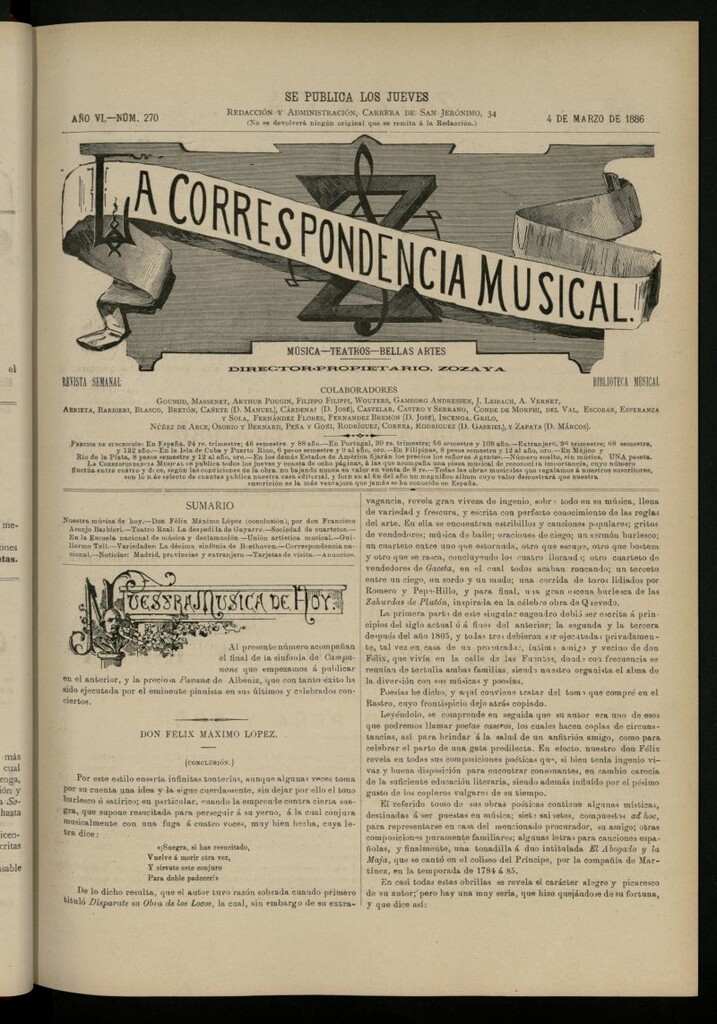 Miniatura de La Correspondencia Musical del 4 de marzo de 1886, nº 270