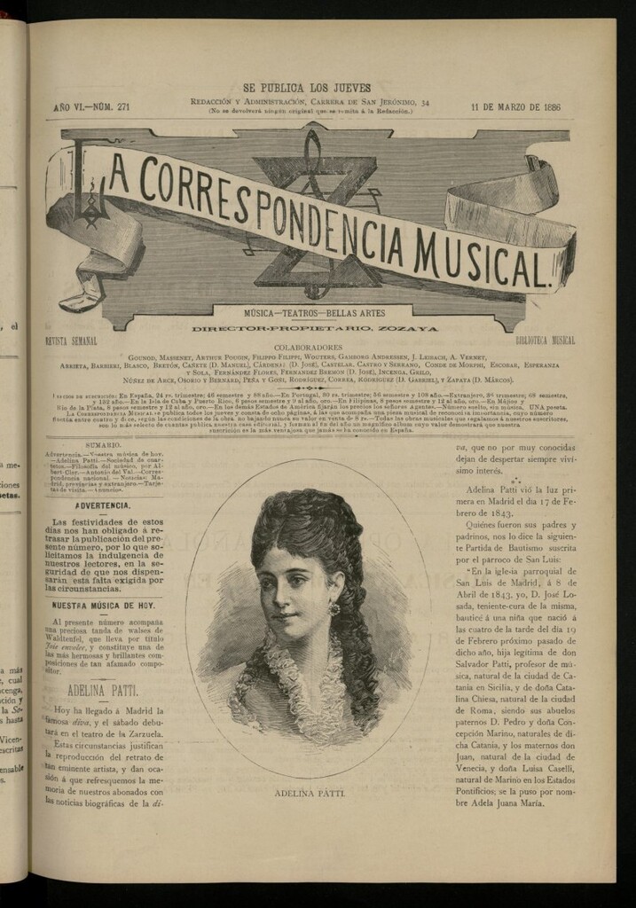 Miniatura de La Correspondencia Musical del 11 de marzo de 1886, nº 271