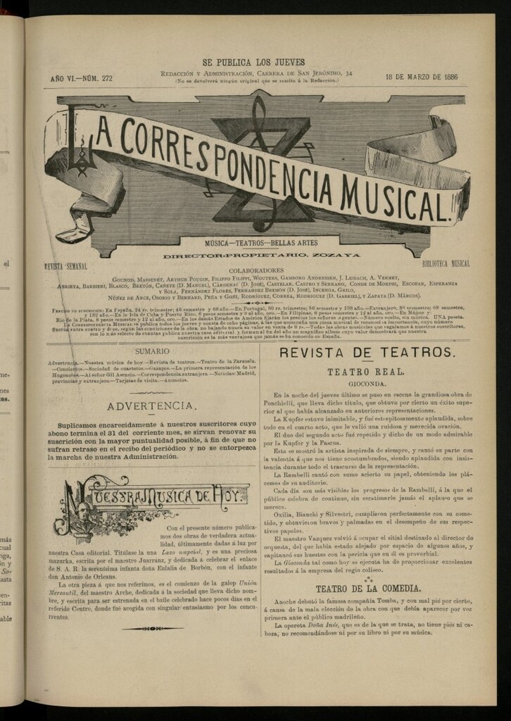 Miniatura de La Correspondencia Musical del 18 de marzo de 1886, nº 272