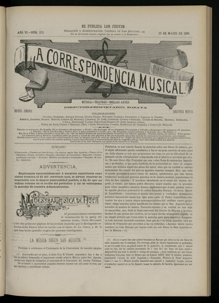 Miniatura de La Correspondencia Musical del 25 de marzo de 1886, nº 273
