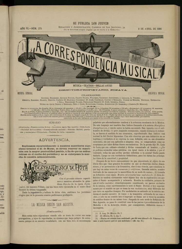 Miniatura de La Correspondencia Musical del 8 de abril de 1886, nº 275