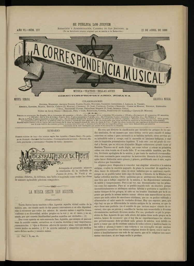 Miniatura de La Correspondencia Musical del 22 de abril de 1886, nº 277