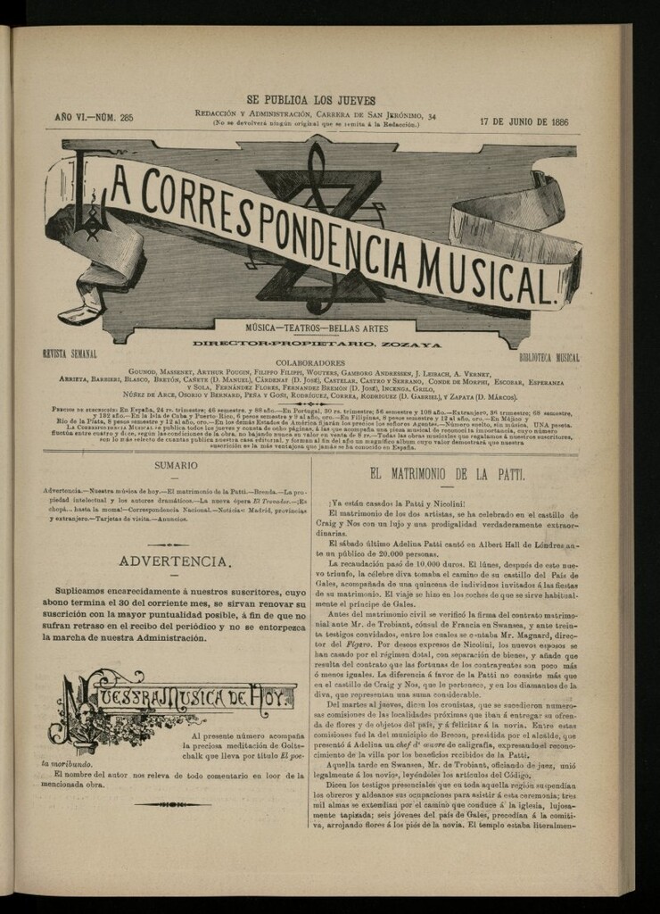 Miniatura de La Correspondencia Musical del 17 de junio de 1886, nº 285