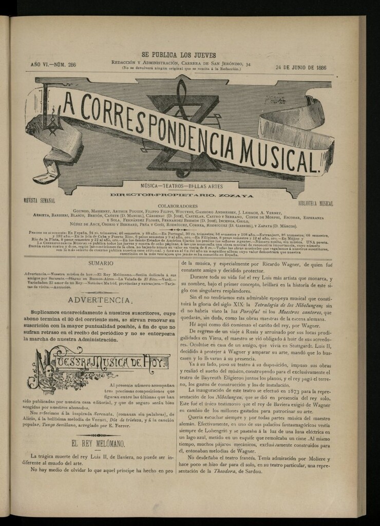 Miniatura de La Correspondencia Musical del 24 de junio de 1886, nº 286