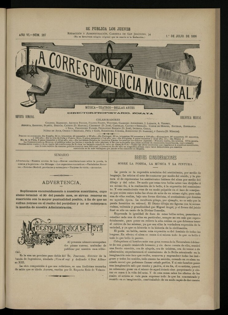 Miniatura de La Correspondencia Musical del 1 de julio de 1886, nº 287