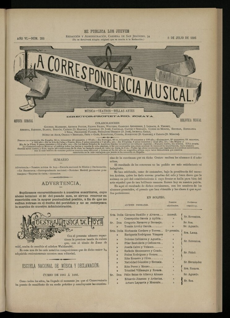 Miniatura de La Correspondencia Musical del 8 de julio de 1886, nº 288
