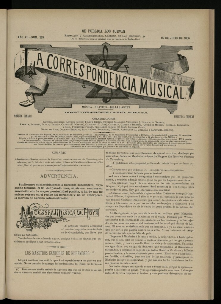 Miniatura de La Correspondencia Musical del 15 de julio de 1886, nº 289