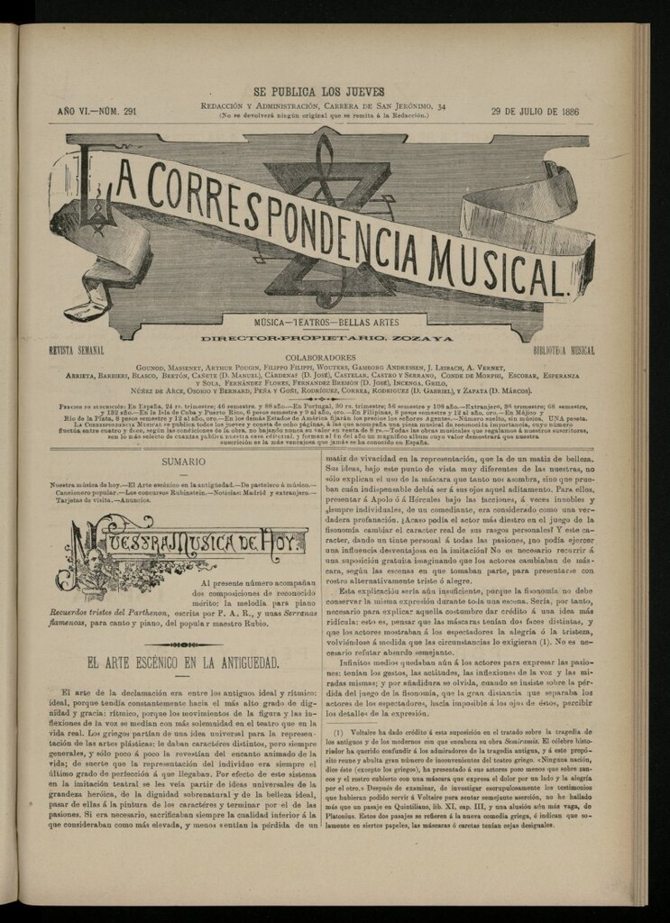 Miniatura de La Correspondencia Musical del 29 de julio de 1886, nº 291