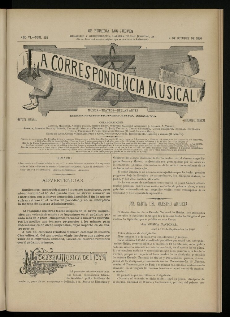 Miniatura de La Correspondencia Musical del 7 de octubre de 1886, nº 292