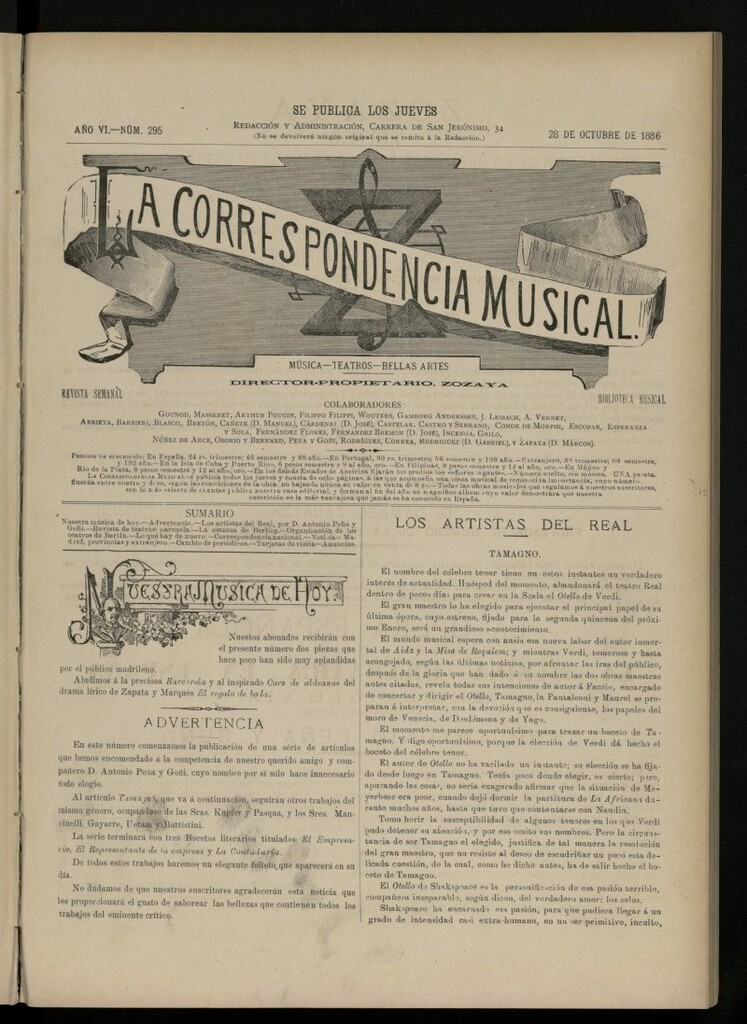 Miniatura de La Correspondencia Musical del 28 de octubre de 1886, nº 295