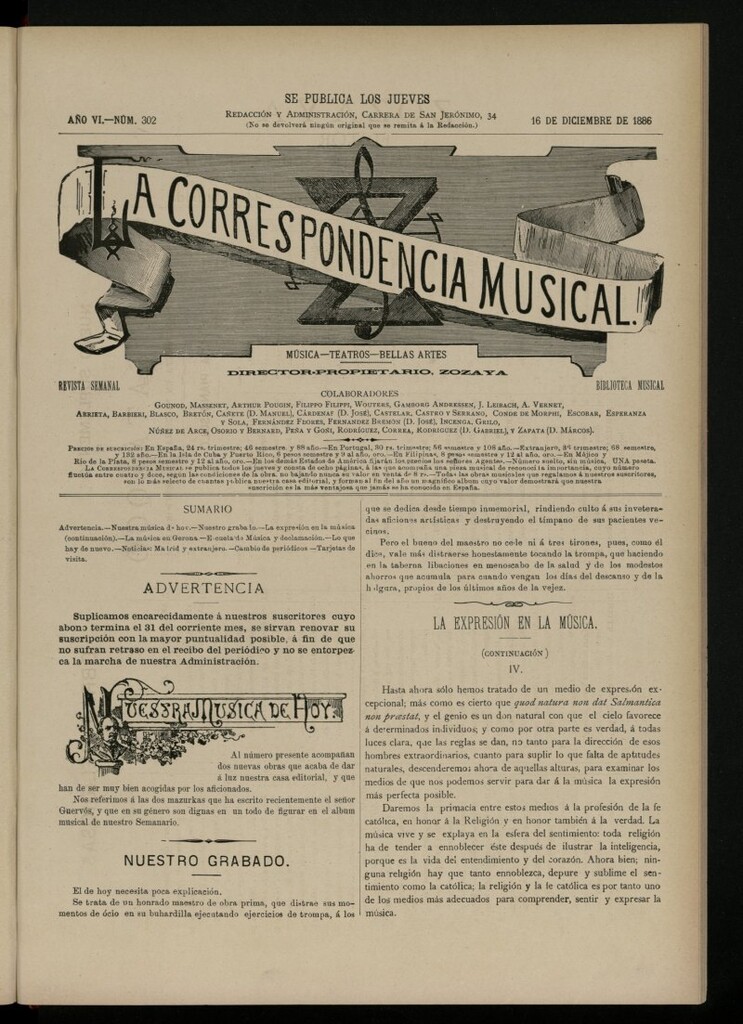 Miniatura de La Correspondencia Musical del 16 de diciembre de 1886, nº 302