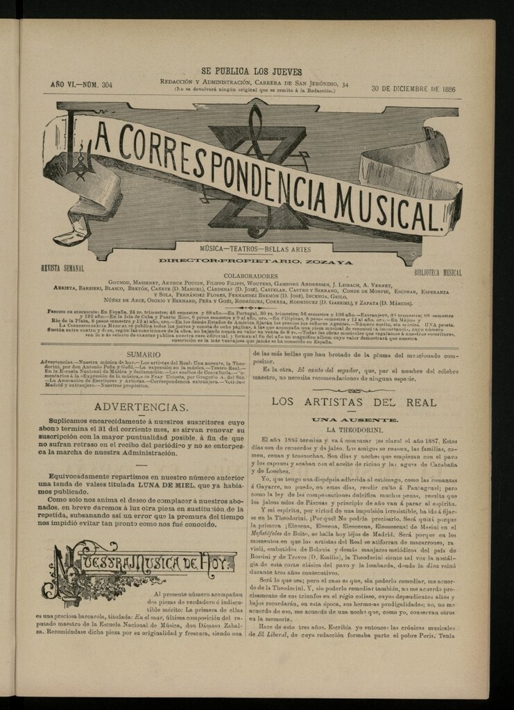 Miniatura de La Correspondencia Musical del 30 de diciembre de 1886, nº 304