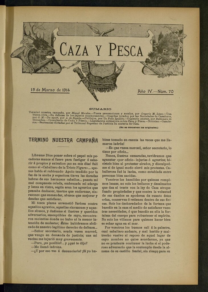 Miniatura de Caza y Pesca, de 15 de marzo de 1914, nº 70