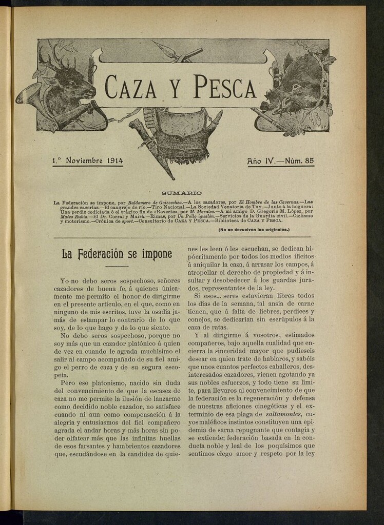 Miniatura de Caza y Pesca, de 1 de noviembre de 1914, nº 85