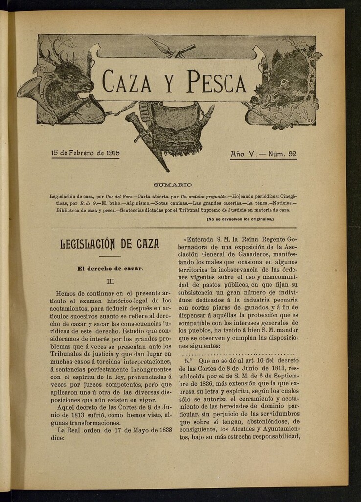 Miniatura de Caza y Pesca, de 15 de febrero de 1915, nº 92