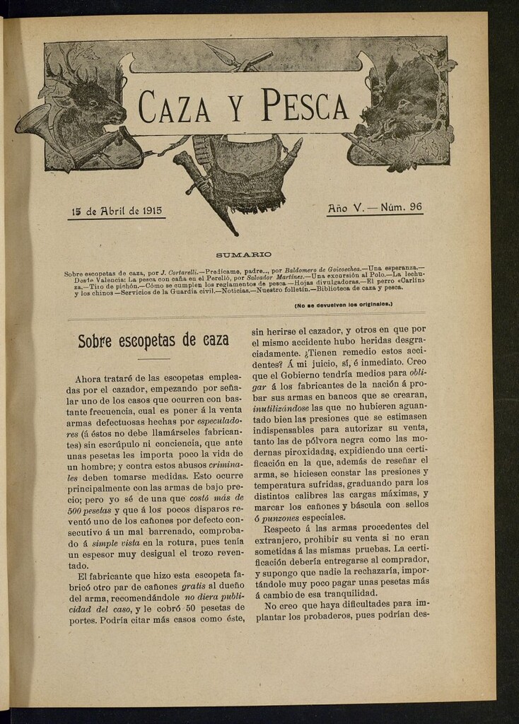 Miniatura de Caza y Pesca, de 15 de abril de 1915, nº 96