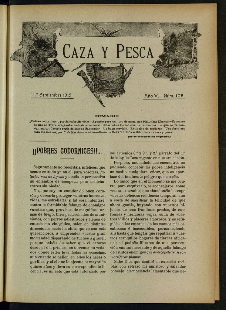Miniatura de Caza y Pesca, de 1 de septiembre de 1915, nº 105