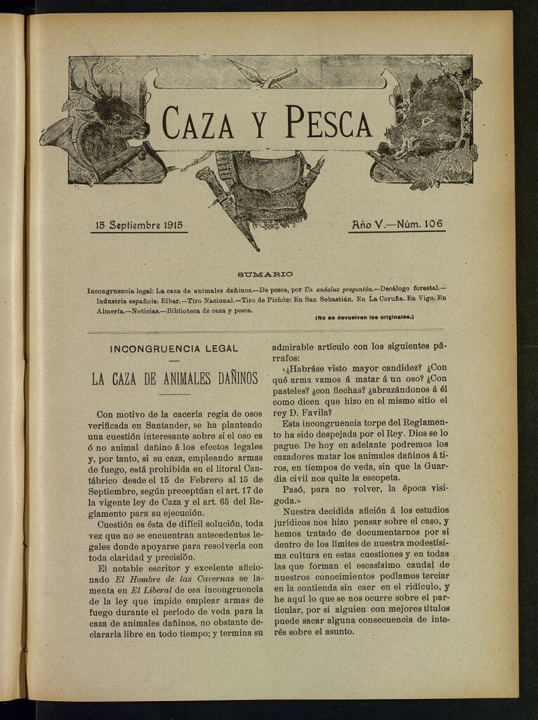 Miniatura de Caza y Pesca, de 15 de septiembre de 1915, nº 106