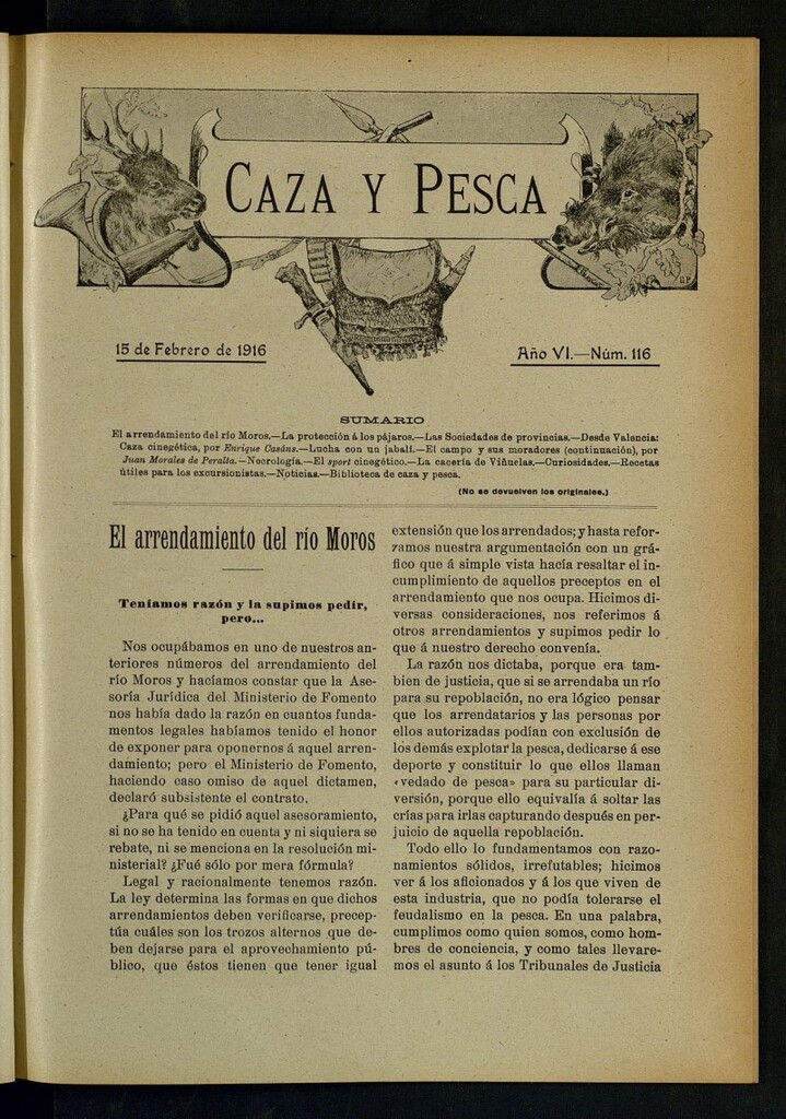 Miniatura de Caza y Pesca, de 15 de febrero de 1916, nº 116