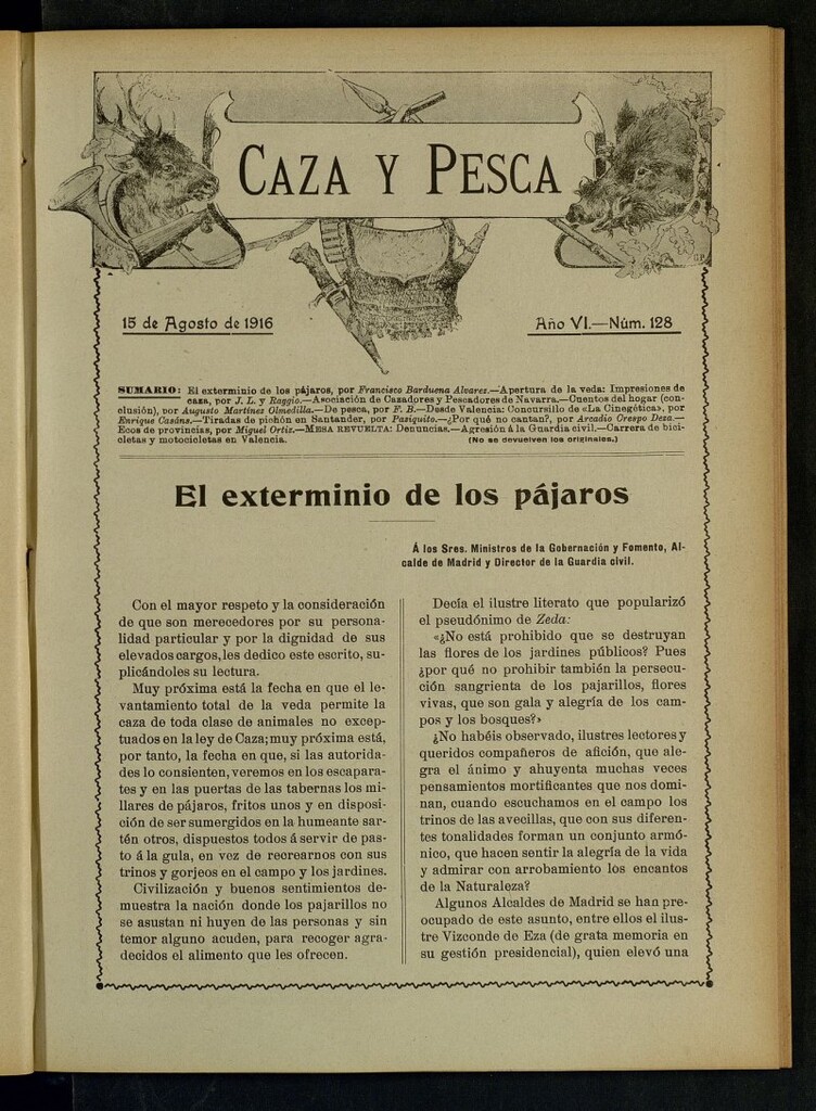 Miniatura de Caza y Pesca, de 15 de agosto de 1916, nº 128