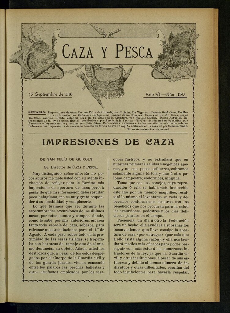 Miniatura de Caza y Pesca, de 15 de septiembre de 1916, nº 130