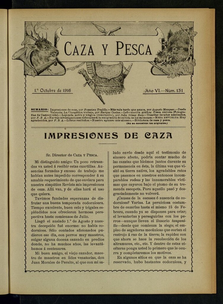 Miniatura de Caza y Pesca, de 1 de octubre de 1916, nº 131