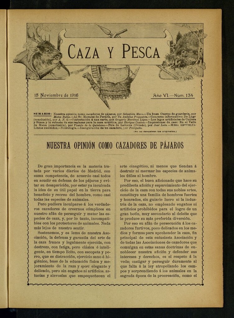 Miniatura de Caza y Pesca, de 15 de noviembre de 1916, nº 134