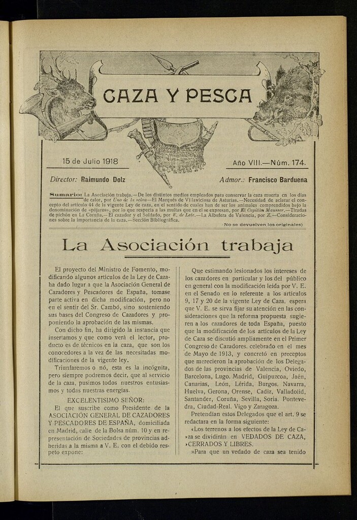 Miniatura de Caza y Pesca, de 15 de julio de 1918, nº 174