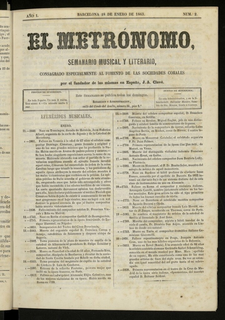 Miniatura de El metrónomo, de 18 de enero de 1863, nº 2