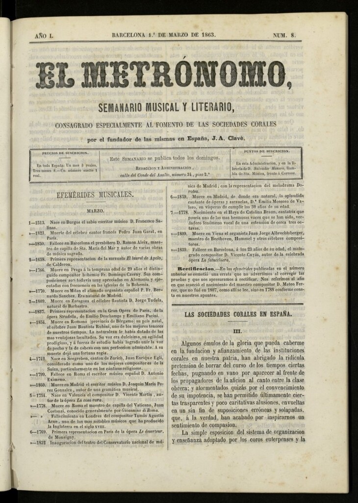 Miniatura de El metrónomo, de 1 de marzo de 1863, nº 8