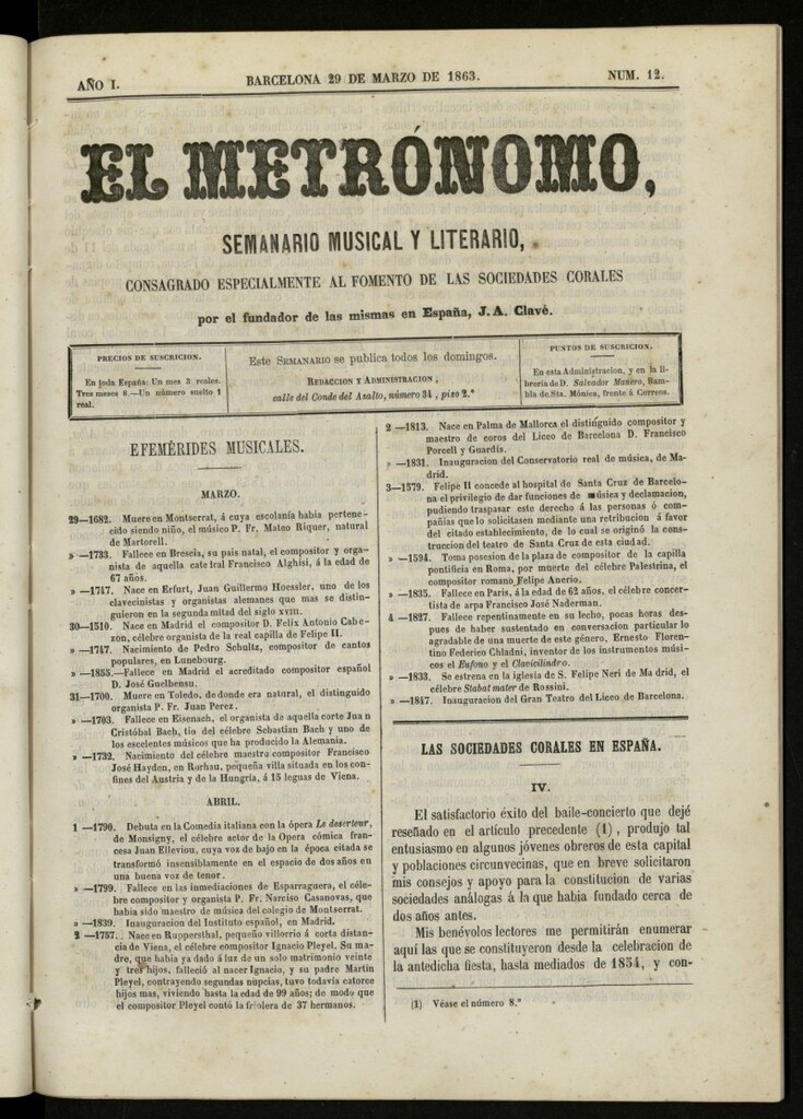 Miniatura de El metrónomo, de 29 de marzo de 1863, nº 12