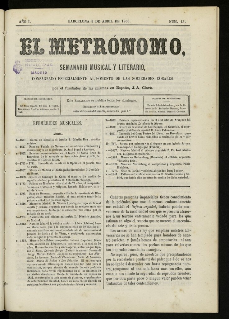 Miniatura de El metrónomo, de 5 de abril de 1863, nº 13