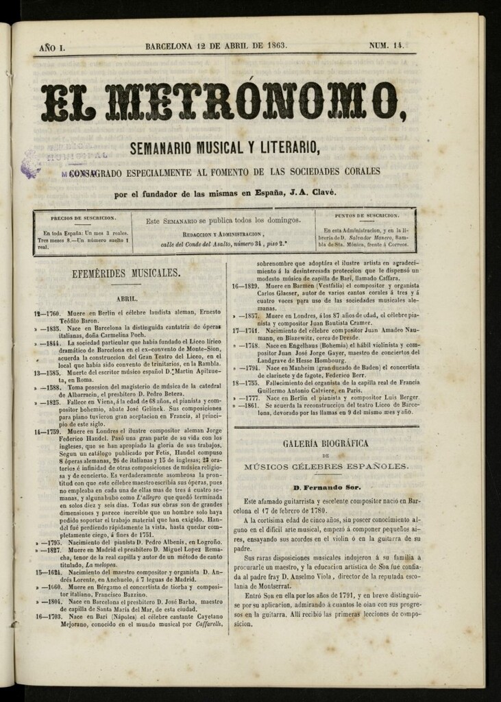 Miniatura de El metrónomo, de 12 de abril de 1863, nº 14