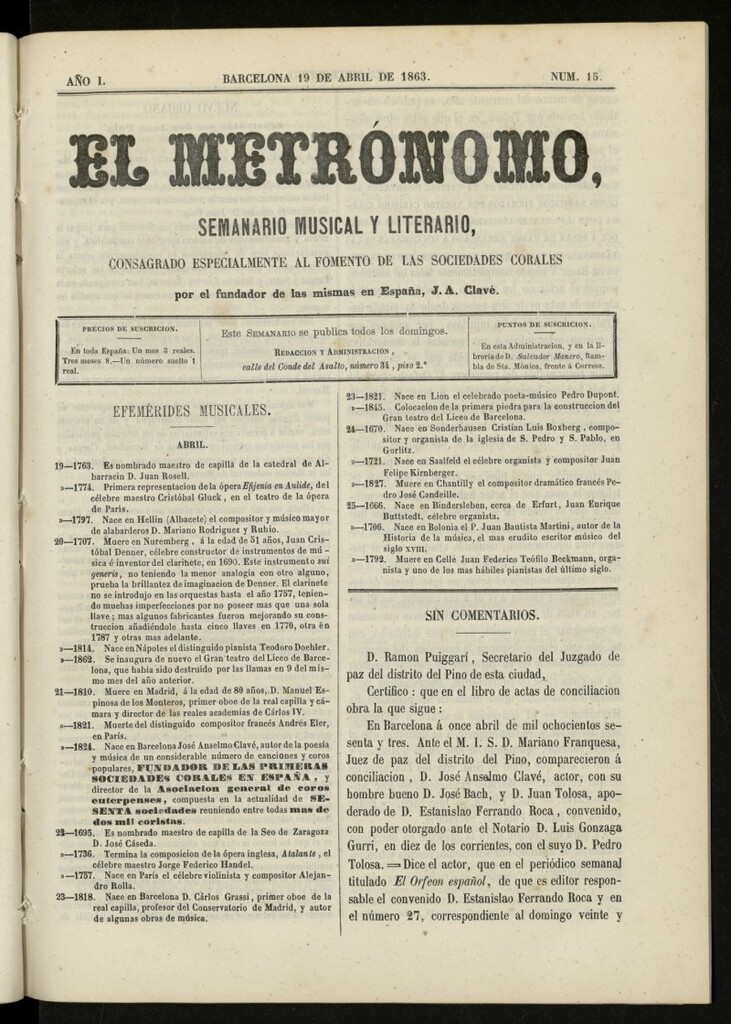 Miniatura de El metrónomo, de 19 de abril de 1863, nº 15