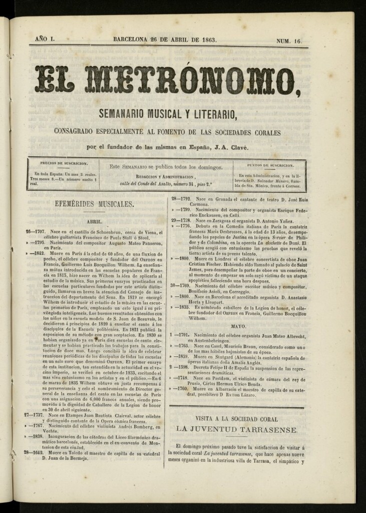 Miniatura de El metrónomo, de 26 de abril de 1863, nº 16