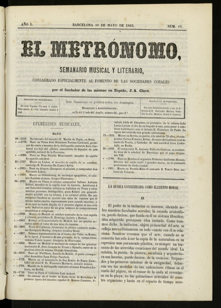 Miniatura de El metrónomo, de 10 de mayo de 1863, nº 18
