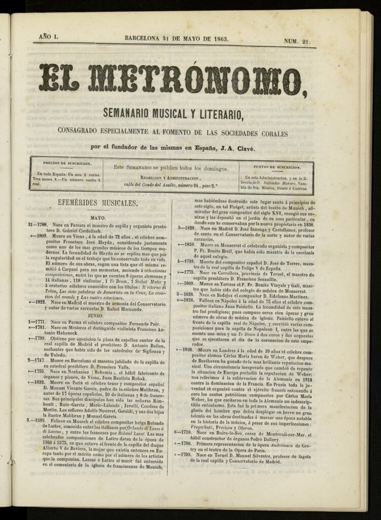 Miniatura de El metrónomo, de 31 de mayo de 1863, nº 21