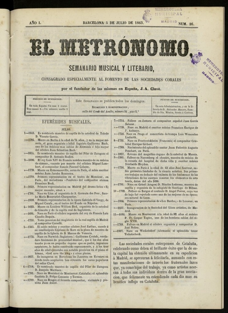 Miniatura de El metrónomo, de 5 de julio de 1863, nº 26