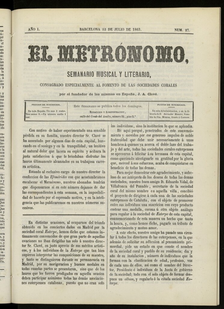 Miniatura de El metrónomo, de 12 de julio de 1863, nº 27