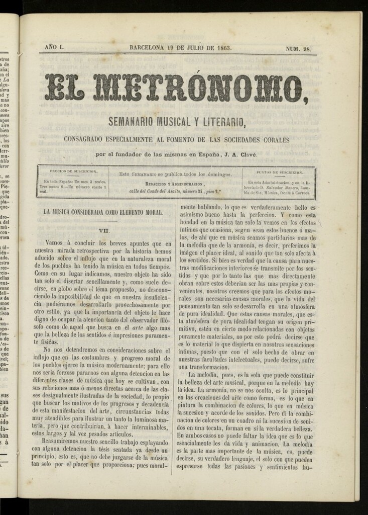 Miniatura de El metrónomo, de 19 de julio de 1863, nº 28
