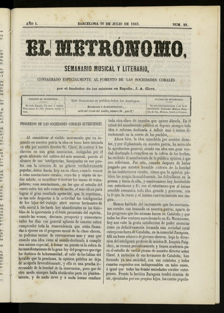 Miniatura de El metrónomo, de 26 de julio de 1863, nº 29