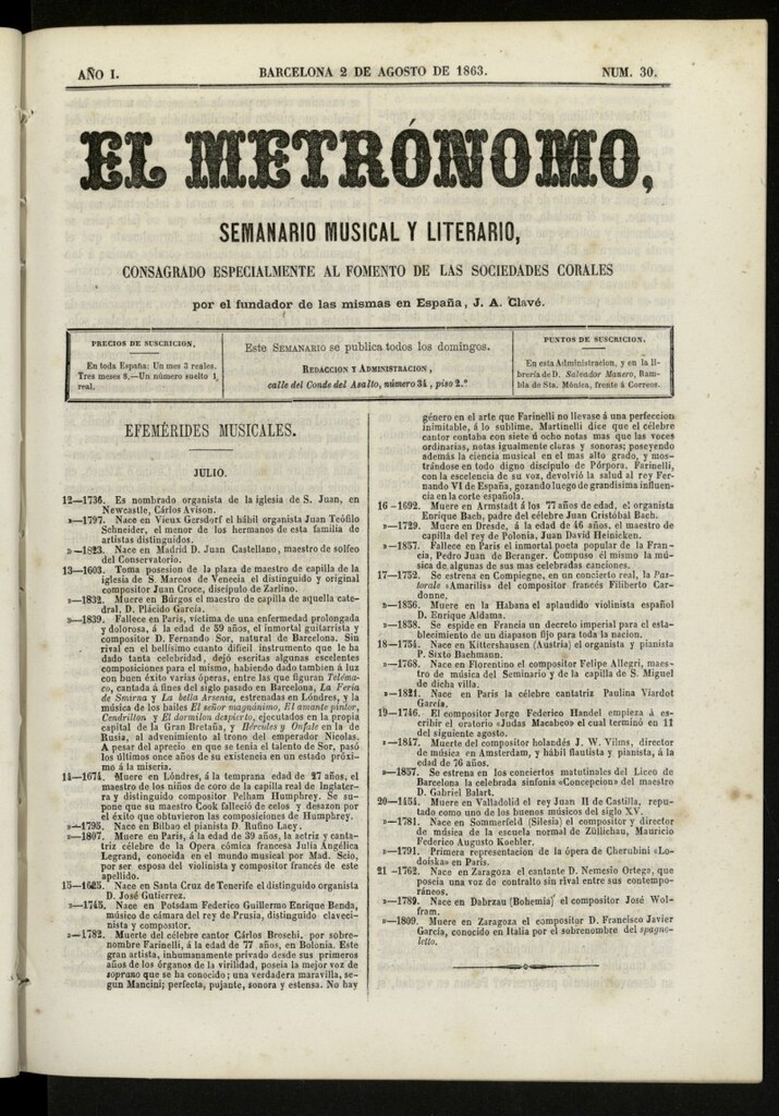 Miniatura de El metrónomo, de 2 de agosto de 1863, nº 30