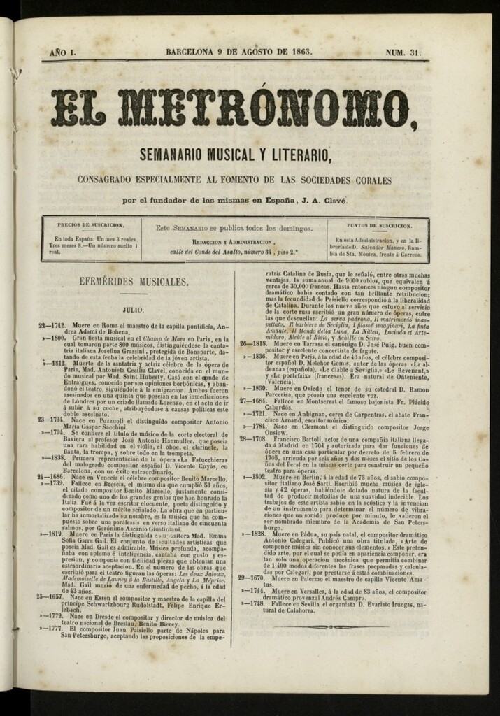 Miniatura de El metrónomo, de 9 de agosto de 1863, nº 31