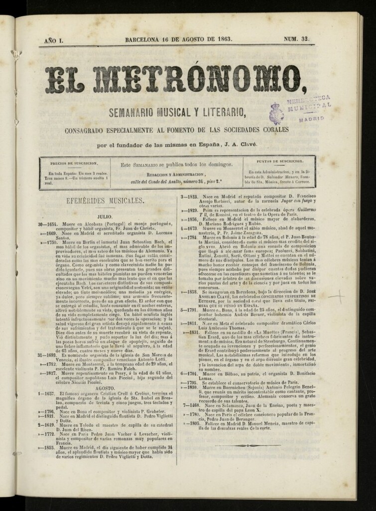 Miniatura de El metrónomo, de 16 de agosto de 1863, nº 32